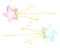 Watercolor illustration of a magic wand with a gold star. Funny cartoon illustration for little princess. png