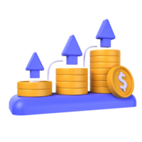 investment growt of 3d illustration. Investment 3D Concept. Tiered gold dollar coin and up arrow on blue board. 3d render png
