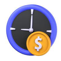 money time 3d illustration object. 3d money time of finance concept. coins in front of the clock. 3d finance vector render icon illustration. png