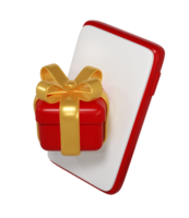 3d rood Kerstmis geschenk dozen icoon met gouden lint boog en mockup telefoon. geven modern vakantie. realistisch icoon voor Cadeau boodschappen doen banier of poster png