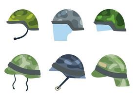 Set of Military helmet of modern soldier. Green protective cap. Collection of Ammunition and uniforms, Flat cartoon isolated on white vector