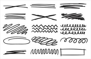 Set of doodle crosses, swirls, broken lines. Hand-drawn geometric shapes. Abstract sketch symbols. vector