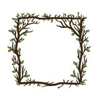 Tree frame, floral square border. Plant and twig decoration isolated on white background. Black outline silhouette. Decorative vintage scary element with leaf. Dark forest concept. vector