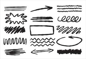 Set of doodle crosses, swirls, broken lines. Hand-drawn geometric shapes. Abstract sketch symbols. vector