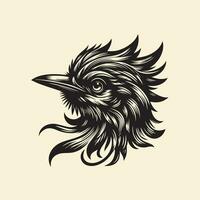 Vector illustration of a rooster head tattoo in black and white.