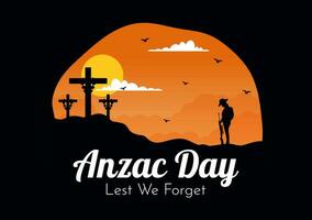 Anzac Day of Lest We Forget Vector Illustration on 25 April with Remembrance Soldier Paying Respect and Red Poppy Flower in Flat Cartoon Background