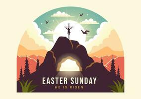 Happy Easter Sunday Vector Illustration of Jesus, He is Risen and Celebration of Resurrection with Cave and the Cross in Flat Cartoon Background