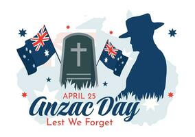 Anzac Day of Lest We Forget Vector Illustration on 25 April with Remembrance Soldier Paying Respect and Red Poppy Flower in Flat Cartoon Background