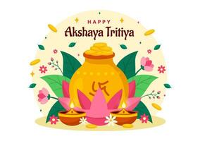 akshaya tritiya festival vector ilustración con un dorado kalash, vela, maceta y oro monedas para Dhanteras celebracion en tradicional hindú fiesta