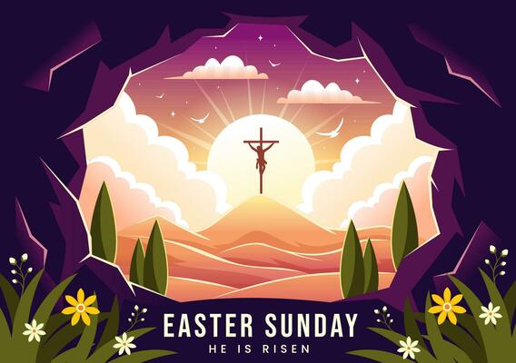 Happy Easter Sunday Vector Illustration of Jesus, He is