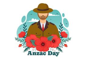 Anzac Day of Lest We Forget Vector Illustration on 25 April with Remembrance Soldier Paying Respect and Red Poppy Flower in Flat Cartoon Background