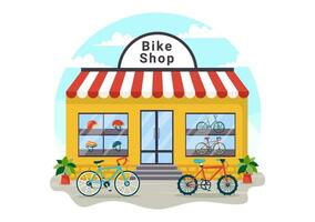 bicicleta tienda vector ilustración con compradores personas elegir ciclos, accesorios o engranaje equipo para montando en plano dibujos animados antecedentes diseño