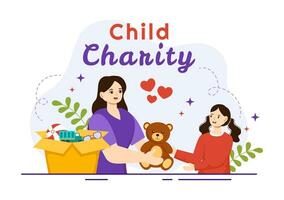 Child Charity Vector Illustration of Charitable Support and Protection of Children with Toy Donation Boxes, Food and Medications Humanitarian Aid