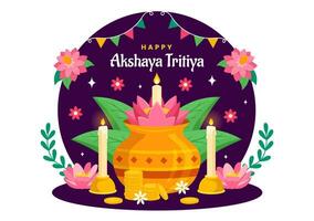 Akshaya Tritiya Festival Vector Illustration with a Golden Kalash, Candle, Pot and Gold Coins for Dhanteras Celebration in Traditional Hindu Holiday