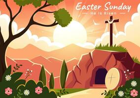 Happy Easter Sunday Vector Illustration of Jesus, He is Risen and Celebration of Resurrection with Cave and the Cross in Flat Cartoon Background