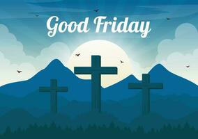 Happy Good Friday Vector Illustration with Christian Holiday of Jesus Christ Crucifixion and Pigeons in Flat Cartoon Background Design