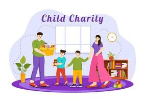 Child Charity Vector Illustration of Charitable Support and Protection of Children with Toy Donation Boxes, Food and Medications Humanitarian Aid