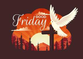 Happy Good Friday Vector Illustration with Christian Holiday of Jesus Christ Crucifixion and Pigeons in Flat Cartoon Background Design