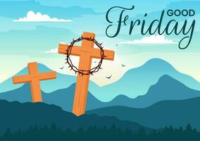 Happy Good Friday Vector Illustration with Christian Holiday of Jesus Christ Crucifixion and Pigeons in Flat Cartoon Background Design