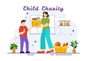 Child Charity Vector Illustration of Charitable Support and Protection of Children with Toy Donation Boxes, Food and Medications Humanitarian Aid