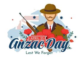 Anzac Day of Lest We Forget Vector Illustration on 25 April with Remembrance Soldier Paying Respect and Red Poppy Flower in Flat Cartoon Background