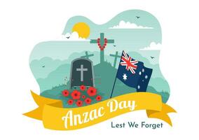 Anzac Day of Lest We Forget Vector Illustration on 25 April with Remembrance Soldier Paying Respect and Red Poppy Flower in Flat Cartoon Background