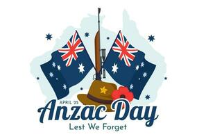 Anzac Day of Lest We Forget Vector Illustration on 25 April with Remembrance Soldier Paying Respect and Red Poppy Flower in Flat Cartoon Background