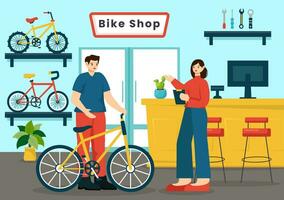 bicicleta tienda vector ilustración con compradores personas elegir ciclos, accesorios o engranaje equipo para montando en plano dibujos animados antecedentes diseño