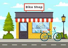 bicicleta tienda vector ilustración con compradores personas elegir ciclos, accesorios o engranaje equipo para montando en plano dibujos animados antecedentes diseño