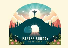 Happy Easter Sunday Vector Illustration of Jesus, He is Risen and Celebration of Resurrection with Cave and the Cross in Flat Cartoon Background