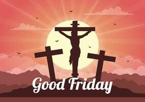 Happy Good Friday Vector Illustration with Christian Holiday of Jesus Christ Crucifixion and Pigeons in Flat Cartoon Background Design