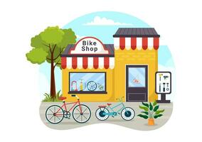 Bike Shop Vector Illustration with Shoppers People Choosing Cycles, Accessories or Gear Equipment for Riding in Flat Cartoon Background Design