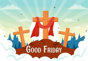 Happy Good Friday Vector Illustration with Christian Holiday of Jesus Christ Crucifixion and Pigeons in Flat Cartoon Background Design