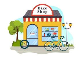 bicicleta tienda vector ilustración con compradores personas elegir ciclos, accesorios o engranaje equipo para montando en plano dibujos animados antecedentes diseño