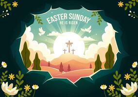 Happy Easter Sunday Vector Illustration of Jesus, He is Risen and Celebration of Resurrection with Cave and the Cross in Flat Cartoon Background