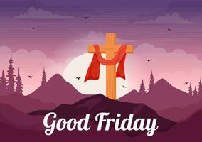 Happy Good Friday Vector Illustration with Christian Holiday of Jesus Christ Crucifixion and Pigeons in Flat Cartoon Background Design