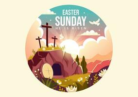 Happy Easter Sunday Vector Illustration of Jesus, He is Risen and Celebration of Resurrection with Cave and the Cross in Flat Cartoon Background