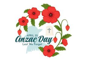 Anzac Day of Lest We Forget Vector Illustration on 25 April with Remembrance Soldier Paying Respect and Red Poppy Flower in Flat Cartoon Background