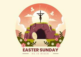 Happy Easter Sunday Vector Illustration of Jesus, He is Risen and Celebration of Resurrection with Cave and the Cross in Flat Cartoon Background