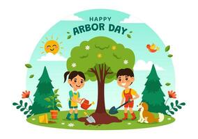 contento cenador día vector ilustración con plantando un árbol, planta, jardín herramientas y naturaleza ambiente en plano niños dibujos animados antecedentes