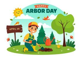 contento cenador día vector ilustración con plantando un árbol, planta, jardín herramientas y naturaleza ambiente en plano niños dibujos animados antecedentes