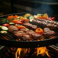 AI generated Image Closeup BBQ scene delicious grilled meat, veggies on the grill For Social Media Post Size photo