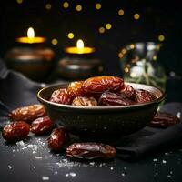 AI generated luxury dried date fruit in bowls on a dark surface For Social Media Post Size photo