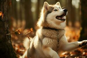 AI generated Huskys playfulness standing tall on hind legs, autumn forest charm photo