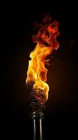 AI generated Close up fire torch vivid flames pierce the black, mesmerizingly dynamic Vertical Mobile Wallpaper photo