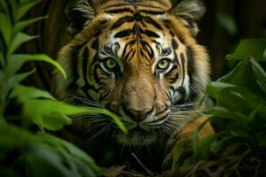 ai generado de cerca sumatra Tigre a hurtadillas acecho en selva foto