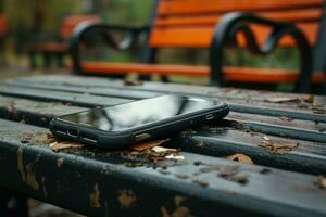 ai generado abandonado teléfono inteligente en parque banco, un narrativa de un perdido dispositivo foto