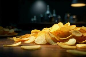 AI generated Closeup shot captures a tempting stack of potato chips on table photo