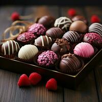 AI generated Image Assorted Valentines Day chocolates in a closeup view, wooden table For Social Media Post Size photo