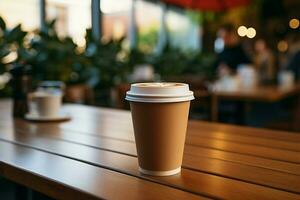 AI generated Ready to go coffee in a paper cup on a cafe table photo